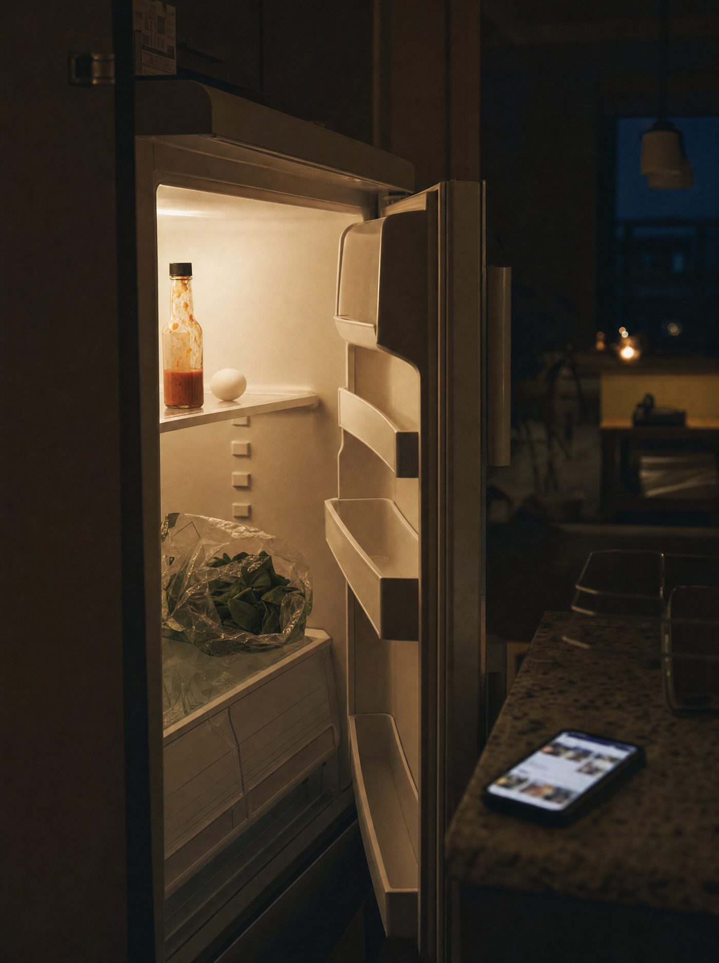 An almost empty fridge at 9pm, lit only by its interior light, a delivery app glowing on a phone beside it