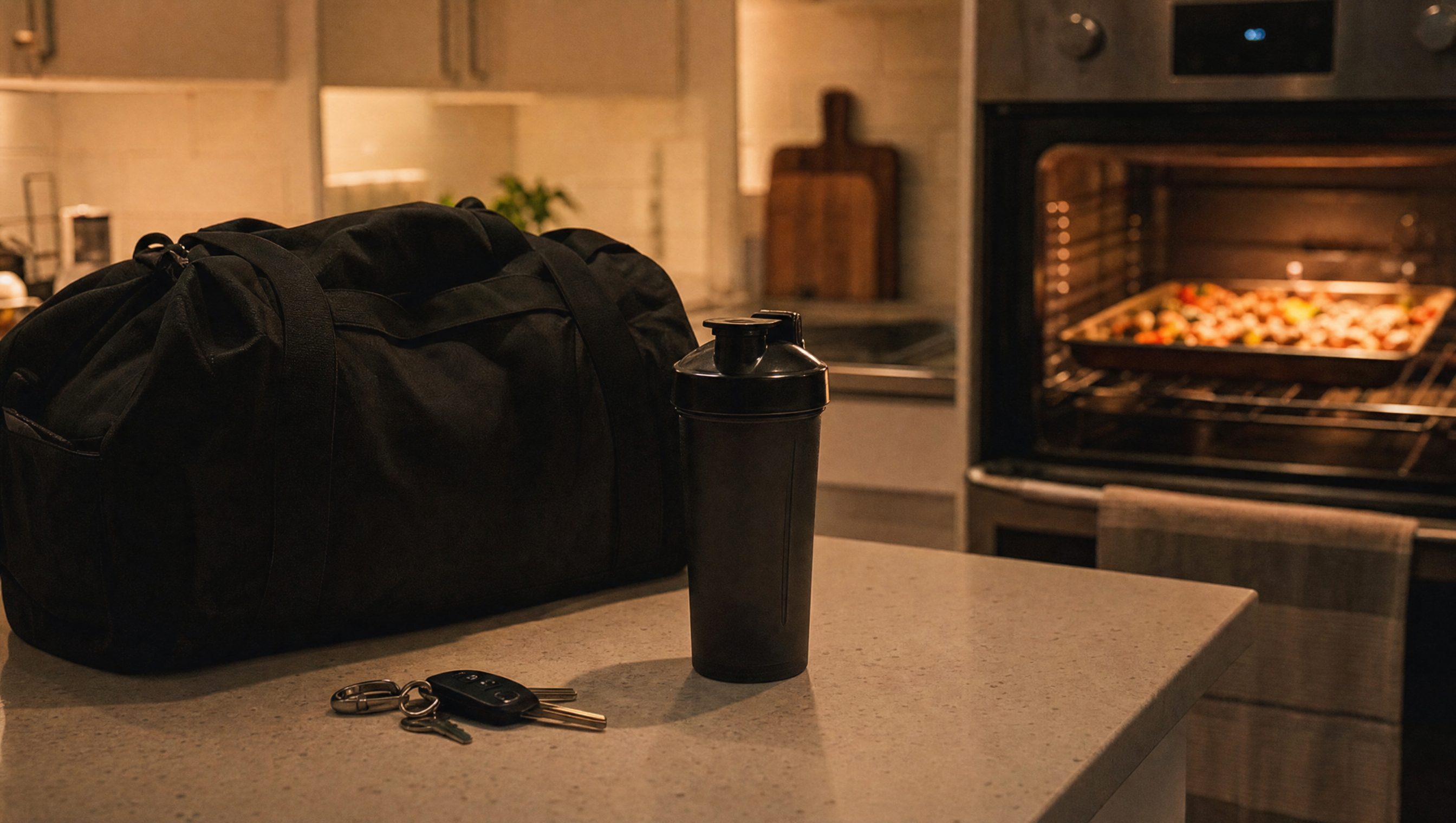 A gym bag and shaker bottle on a kitchen counter, oven light on in the evening