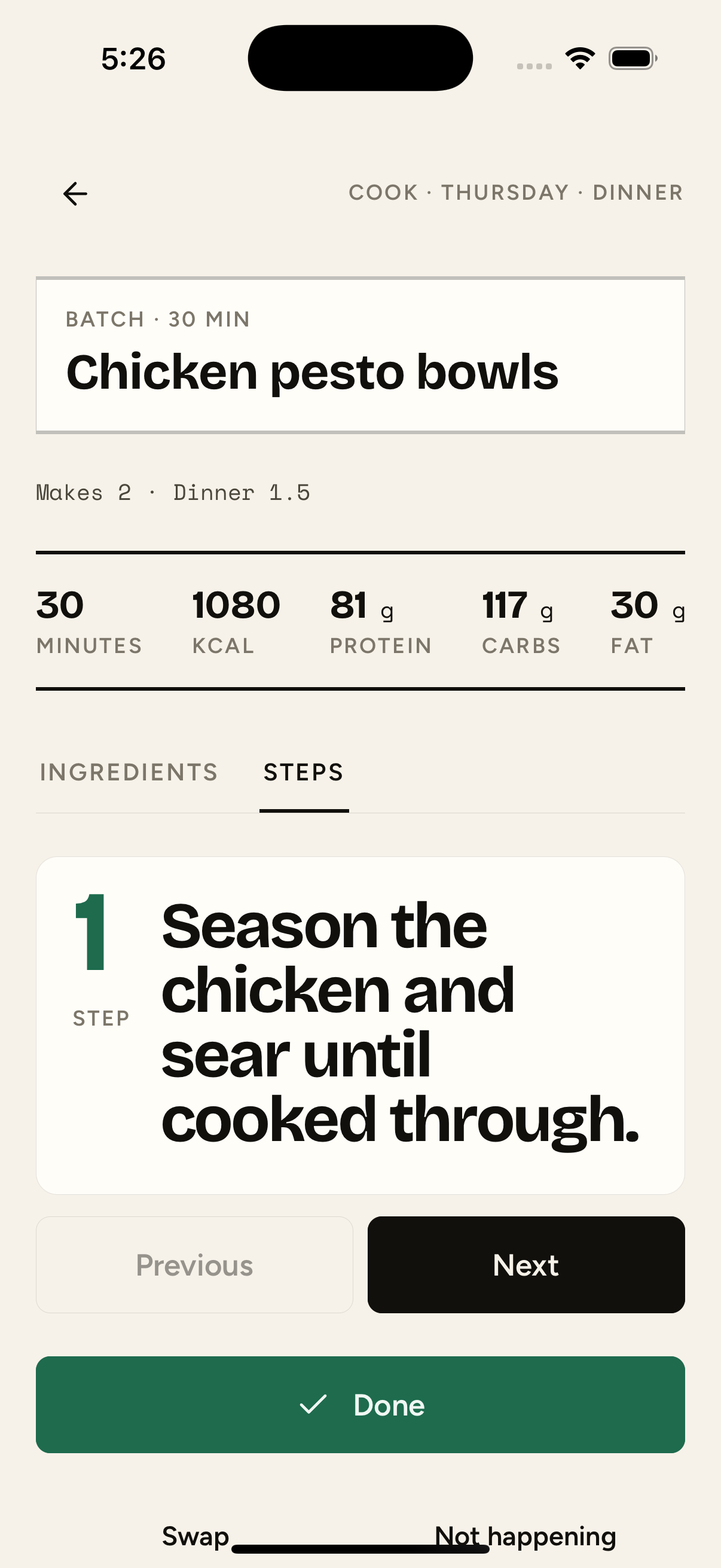 Cook mode steps, large type
