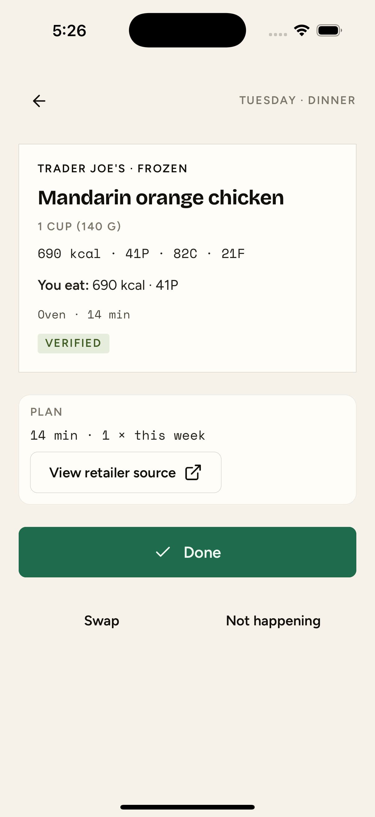 Product card with macros and retailer source
