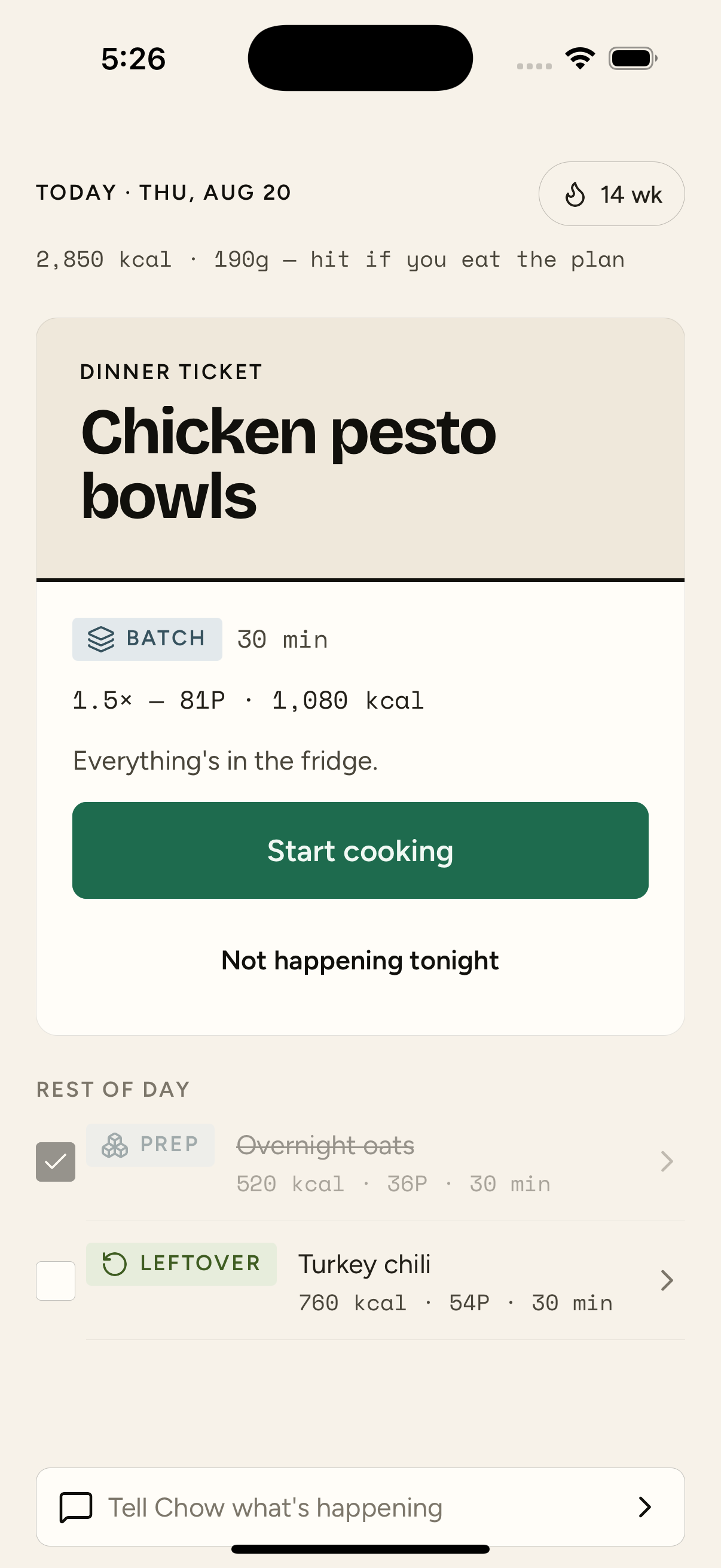 Today screen: tonight's dinner ticket with strategy badge